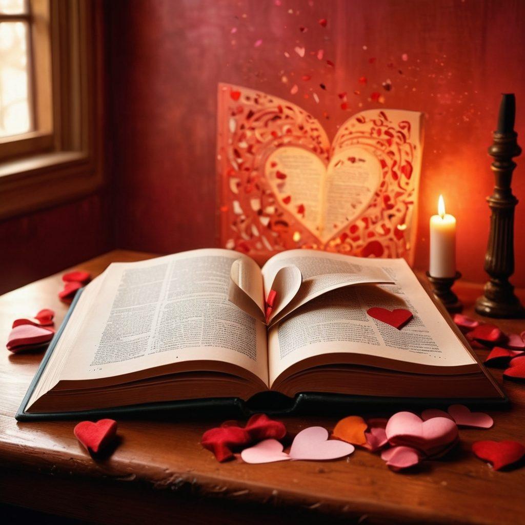 A visually striking composition featuring an open book with erotic literature spilling out, surrounded by intimate symbols like hearts, lips, and abstract shapes, set against a rich, warm color palette that evokes a sense of sensuality. Soft light filters through, illuminating the text and symbols, creating an inviting atmosphere for exploration. Elements of erotic art discreetly integrated into the background, merging literature and intimacy. super-realistic. vibrant colors. soft lighting.