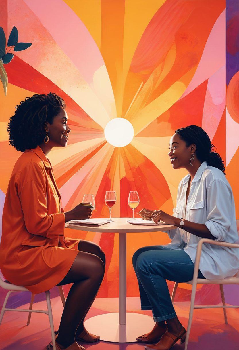 A diverse group of adults engaged in a lively discussion about sex positivity, surrounded by vibrant art representing love, sensuality, and connection. Incorporate elements like warm colors, abstract shapes symbolizing intimacy, and subtle representations of trust and communication. The scene should convey a welcoming and inclusive atmosphere, inviting curiosity and open-mindedness. vibrant colors. modern illustration.