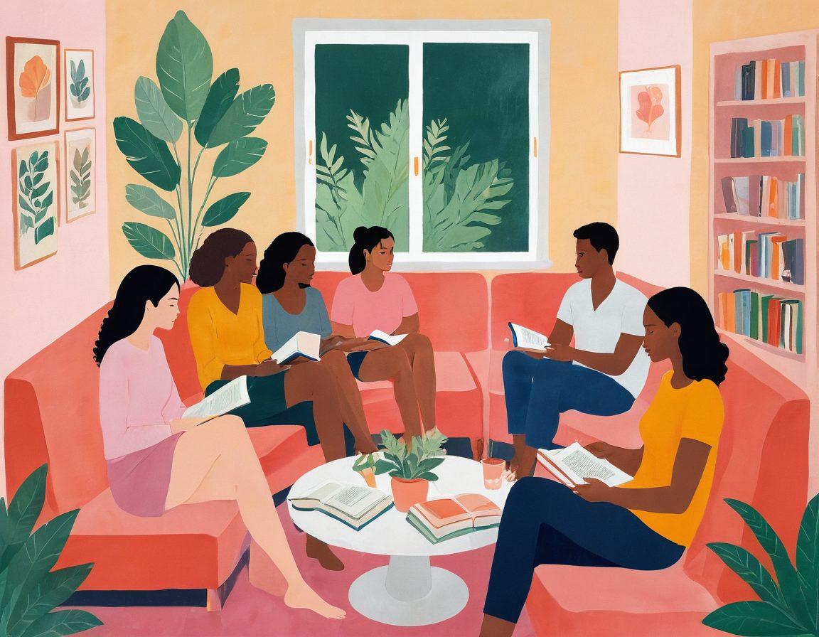 A visually dynamic composition showcasing a diverse group of individuals in a cozy setting, discussing sexual wellness with books and digital devices around them. Include a soft, warm color palette to evoke comfort and openness, with subtle hints of erotic artwork in the background. Capture expressions of curiosity and engagement, blending elements of narrative storytelling with themes of intimacy. The atmosphere should feel inviting and educational. illustration, vibrant colors, cozy ambiance.